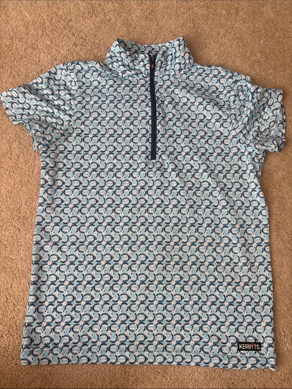 Kerrits Girls Light Blue Navy Horseshoe Print Short Sleeve Zip Shirt